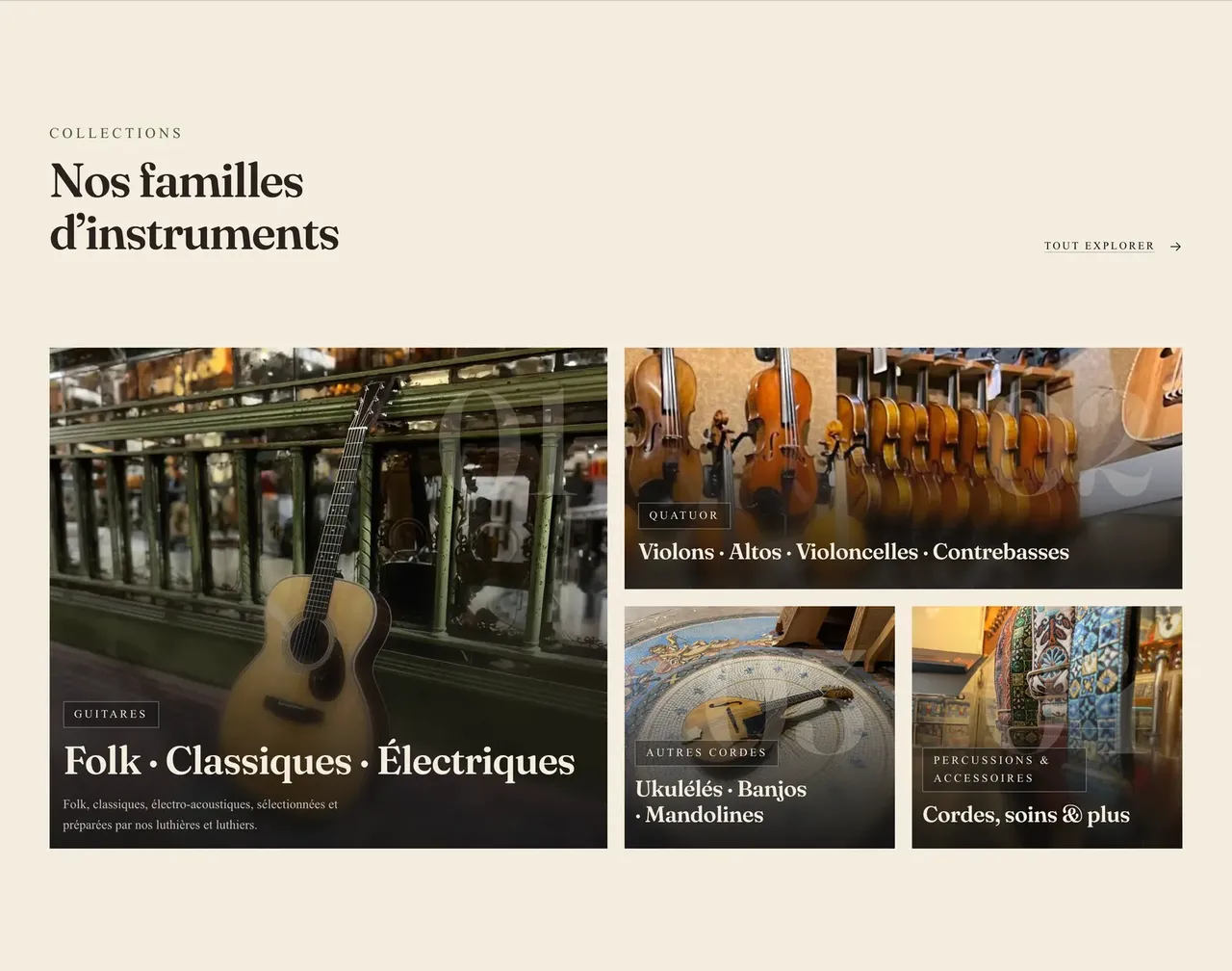 Section « Nos familles d'instruments » : quatre tuiles photographiques pour les guitares, le quatuor à cordes, les autres cordes pincées et les accessoires, sur fond ivoire.