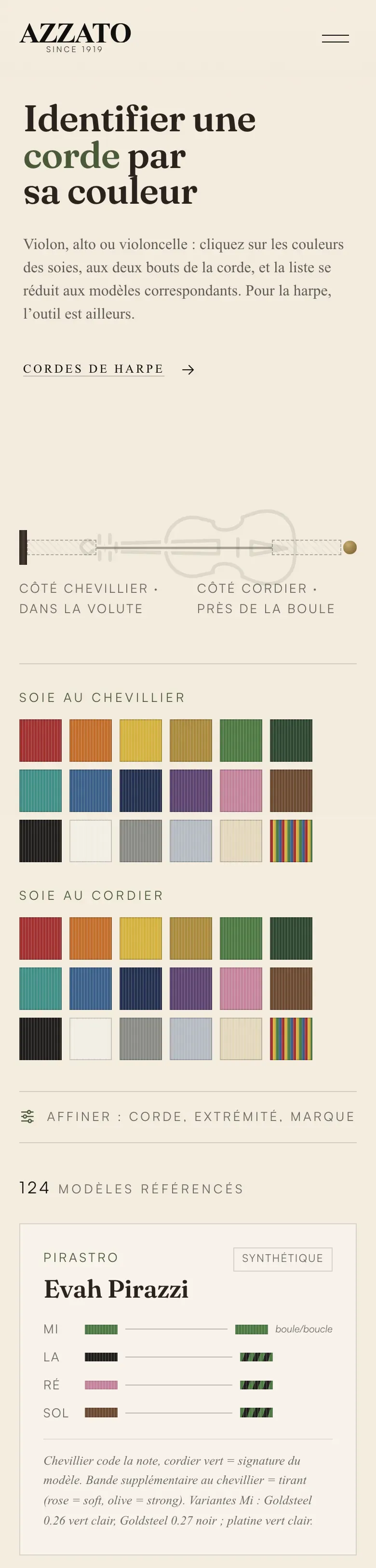 Identificateur de cordes sur téléphone : les pastilles de couleur des soies, puis une première fiche de corde Pirastro avec le code couleur de chaque note.