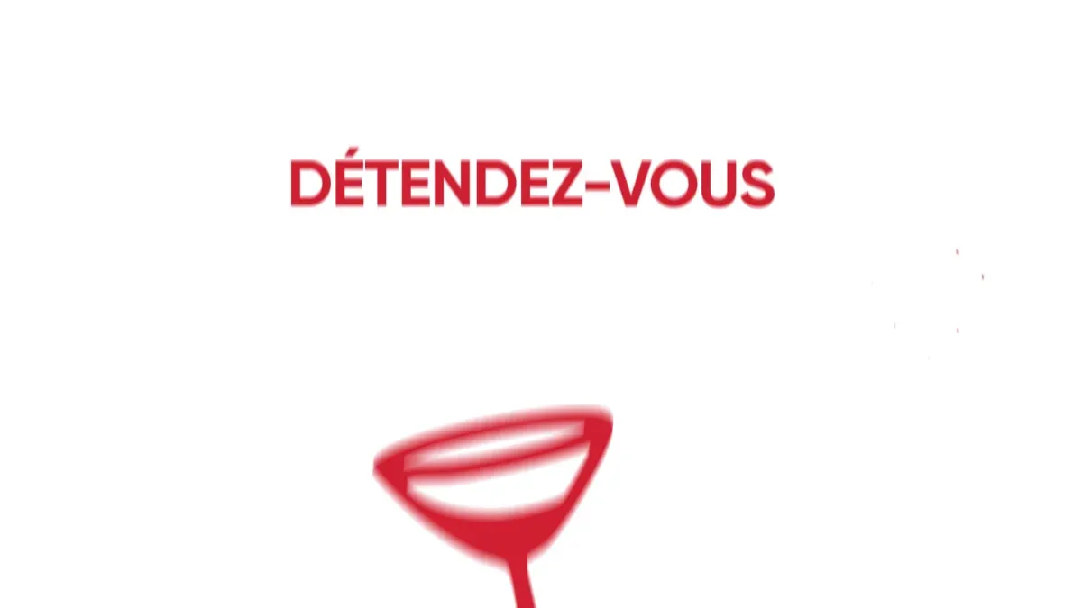 Titre « Détendez-vous » et verre à cocktail rouge animé, habillage de la campagne d'été bel RTL