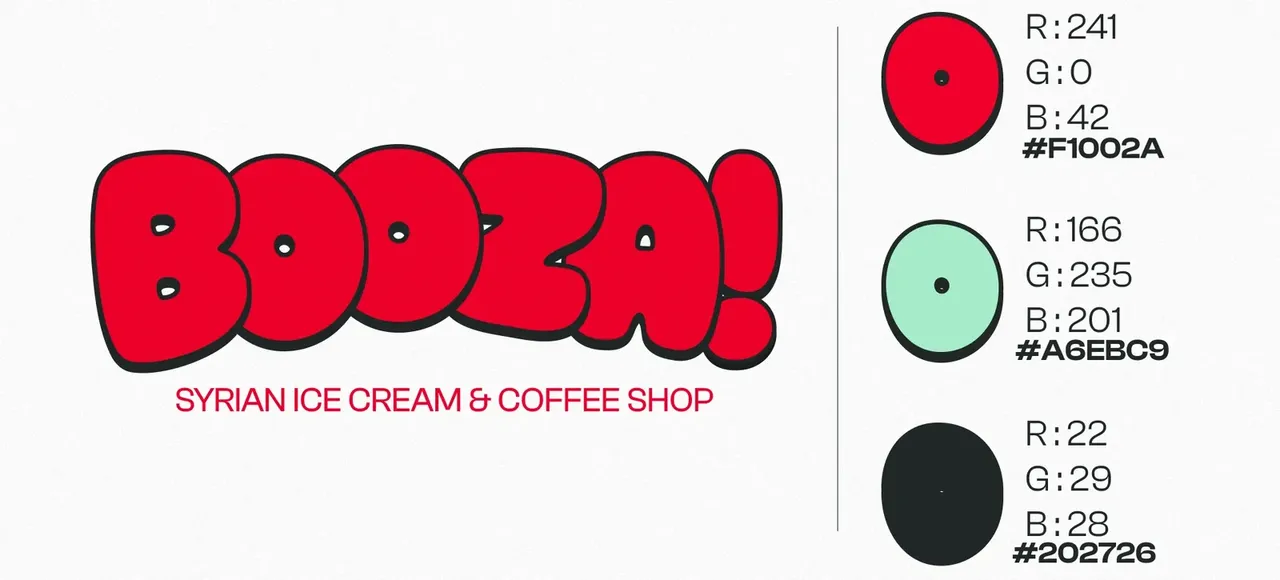 Logo Booza! et sa palette de trois couleurs, rouge, menthe et noir, avec leurs codes RVB et hexa