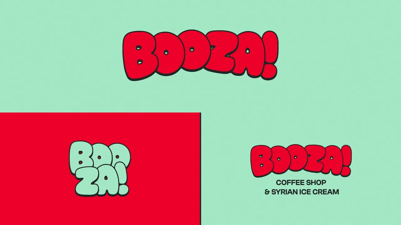 Logo Booza! en lettres gonflées rouges sur fond menthe, avec sa version empilée et sa signature