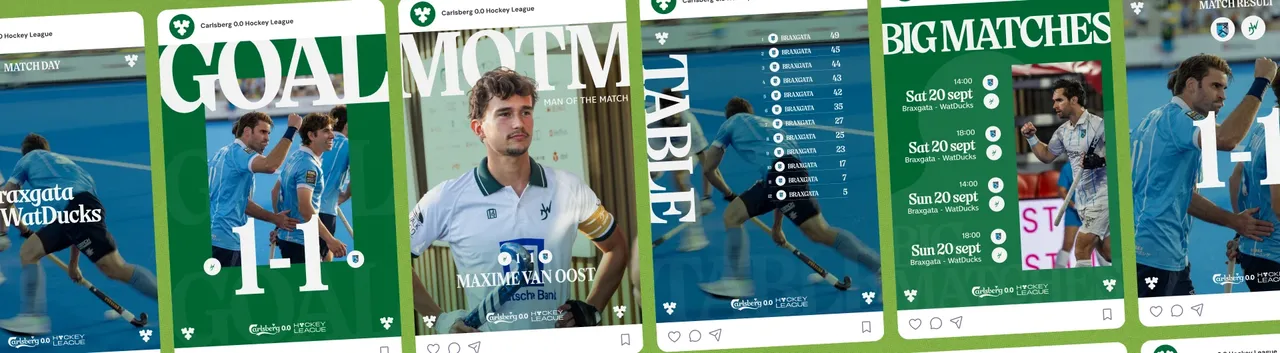 Six posts de la ligue présentés dans des cadres Instagram sur fond vert : match day, goal, joueur du match, classement, big matches et résultat