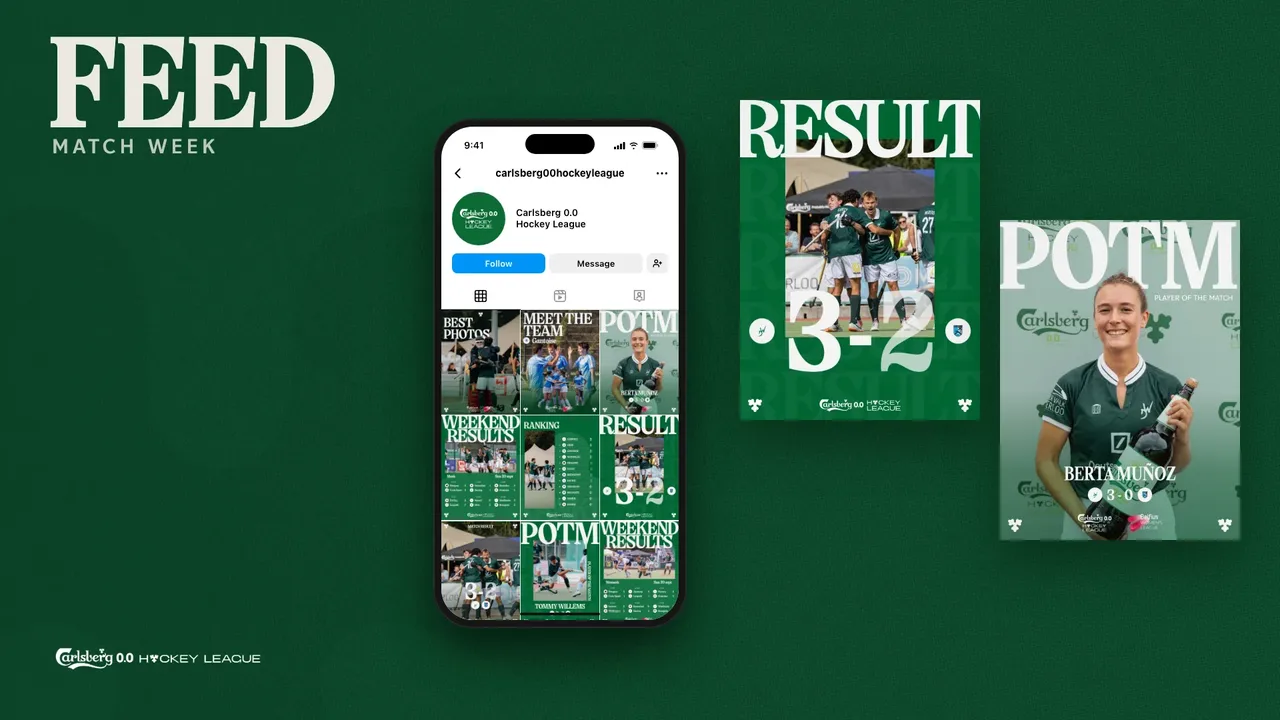 Planche Feed : téléphone ouvert sur le profil Instagram de la Carlsberg 0.0 Hockey League, grille de posts publiés, à côté des posts Result 3-2 et POTM en grand