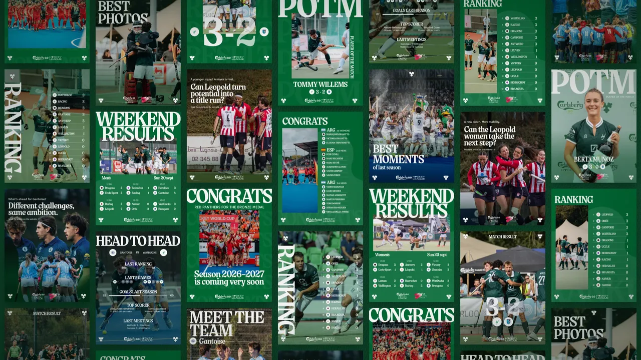 Mur de posts publiés de la ligue sur fond vert : résultats, classements, joueurs du match, head to head, articles club et congrats des Red Lions et des Red Panthers