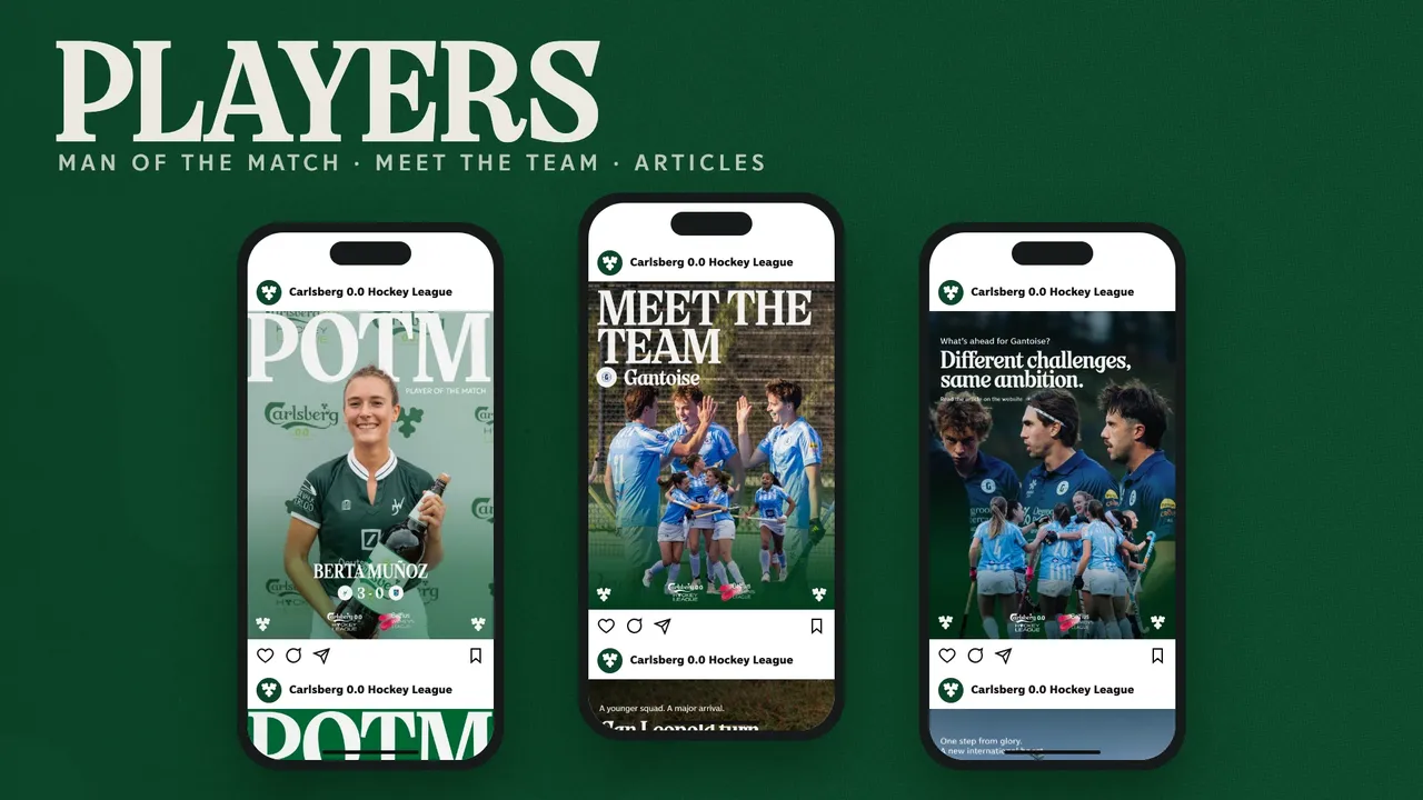 Planche Players : trois téléphones affichent des posts publiés, Player of the match, Meet the team de la Gantoise et un article club