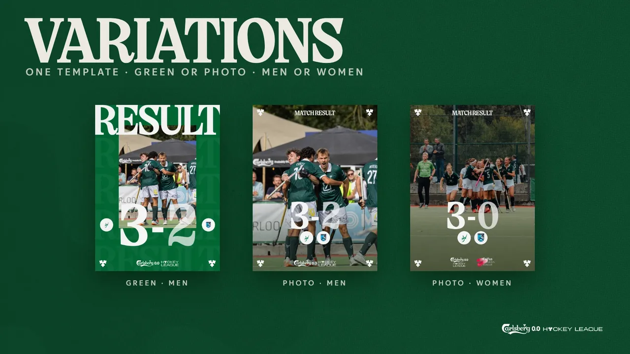 Planche Variations : le même modèle de résultat décliné en trois posts publiés, fond vert et fond photo pour le 3-2 des hommes, fond photo pour le 3-0 des dames