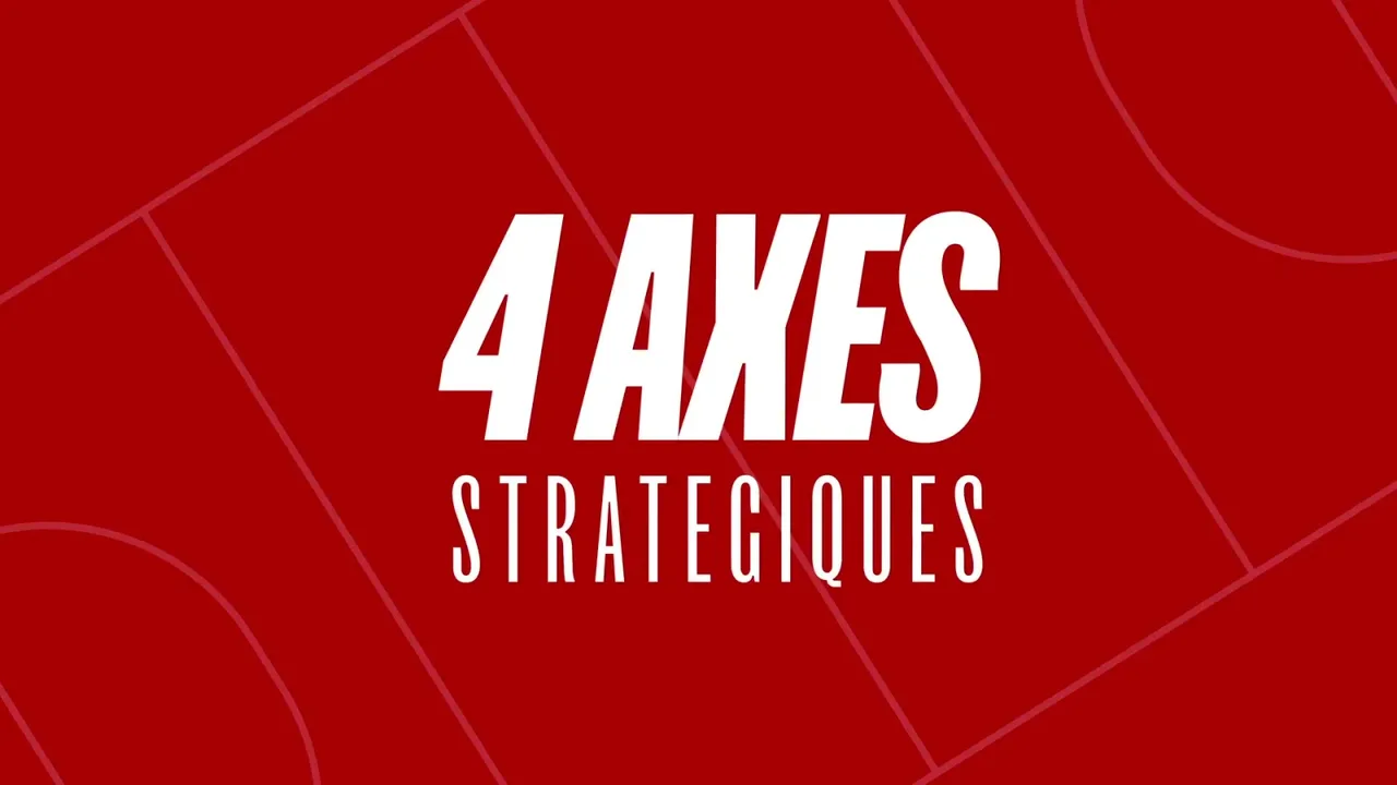 Titre animé « 4 axes stratégiques » en capitales blanches sur fond rouge tracé de lignes de terrain, vidéo Hockey Wallonie Bruxelles