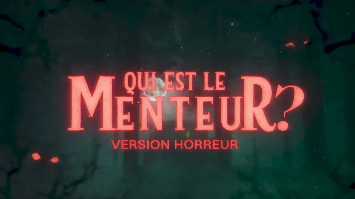 Carton « Qui est le menteur ? Version horreur » en lettres rouges sur une forêt nocturne, épisode Halloween de Jill