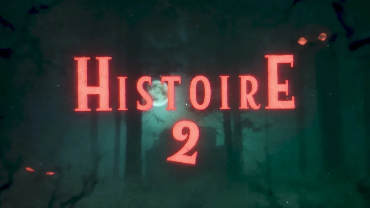 Carton « Histoire 2 » en lettres rouges lumineuses dans une forêt brumeuse, habillage Halloween de Jill