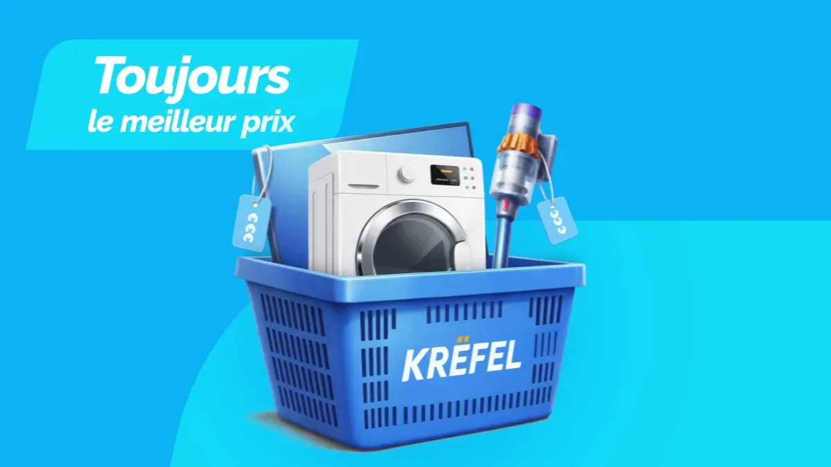 Rendu 3D Krefel : panier bleu rempli d'électroménager sous le titre « Toujours le meilleur prix »