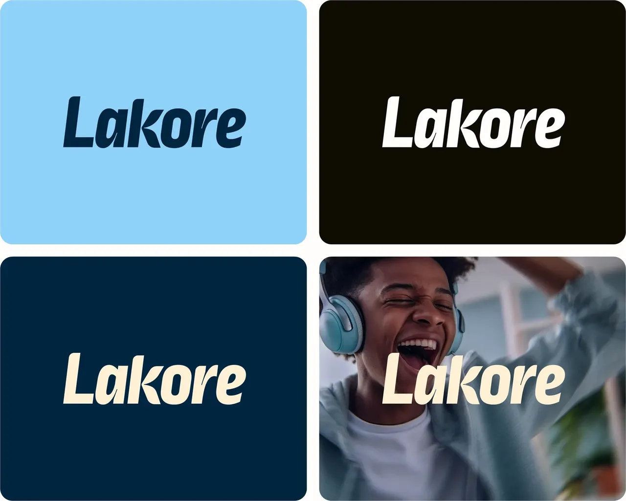Logotype Lakore décliné sur quatre fonds : bleu ciel, noir, bleu nuit et photo d'un jeune qui chante sous son casque