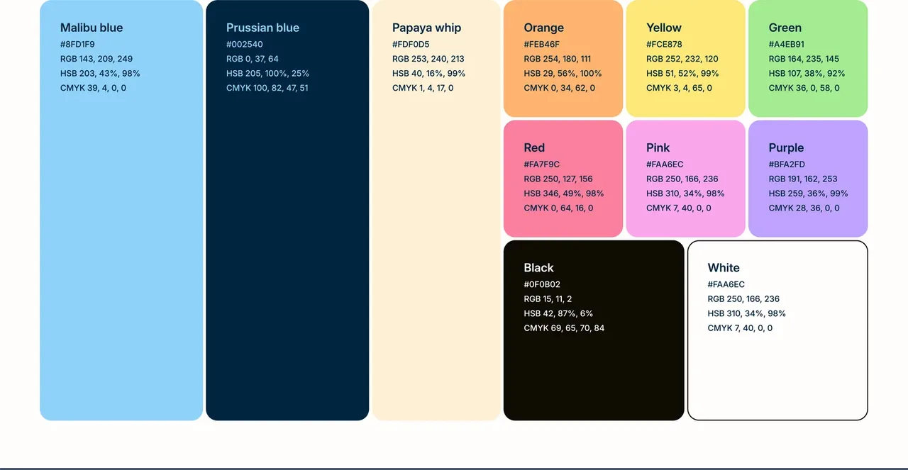 Palette Lakore : bleu Malibu, bleu de Prusse et papaye en couleurs principales, sept teintes d'accent, avec leurs codes