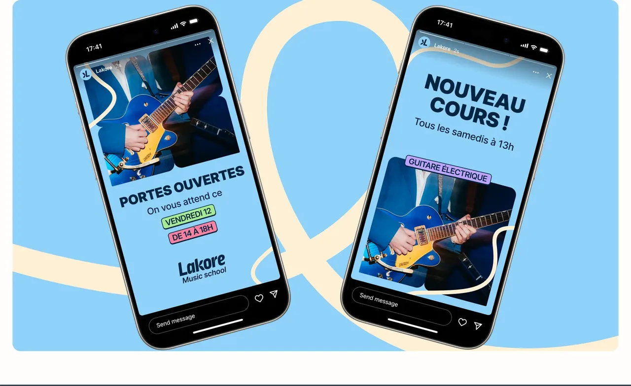 Deux stories Instagram Lakore sur téléphone : journée portes ouvertes et nouveau cours de guitare électrique le samedi