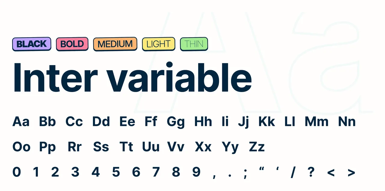 Typographie Lakore : l'Inter variable, de Black à Thin, avec son alphabet, ses chiffres et sa ponctuation