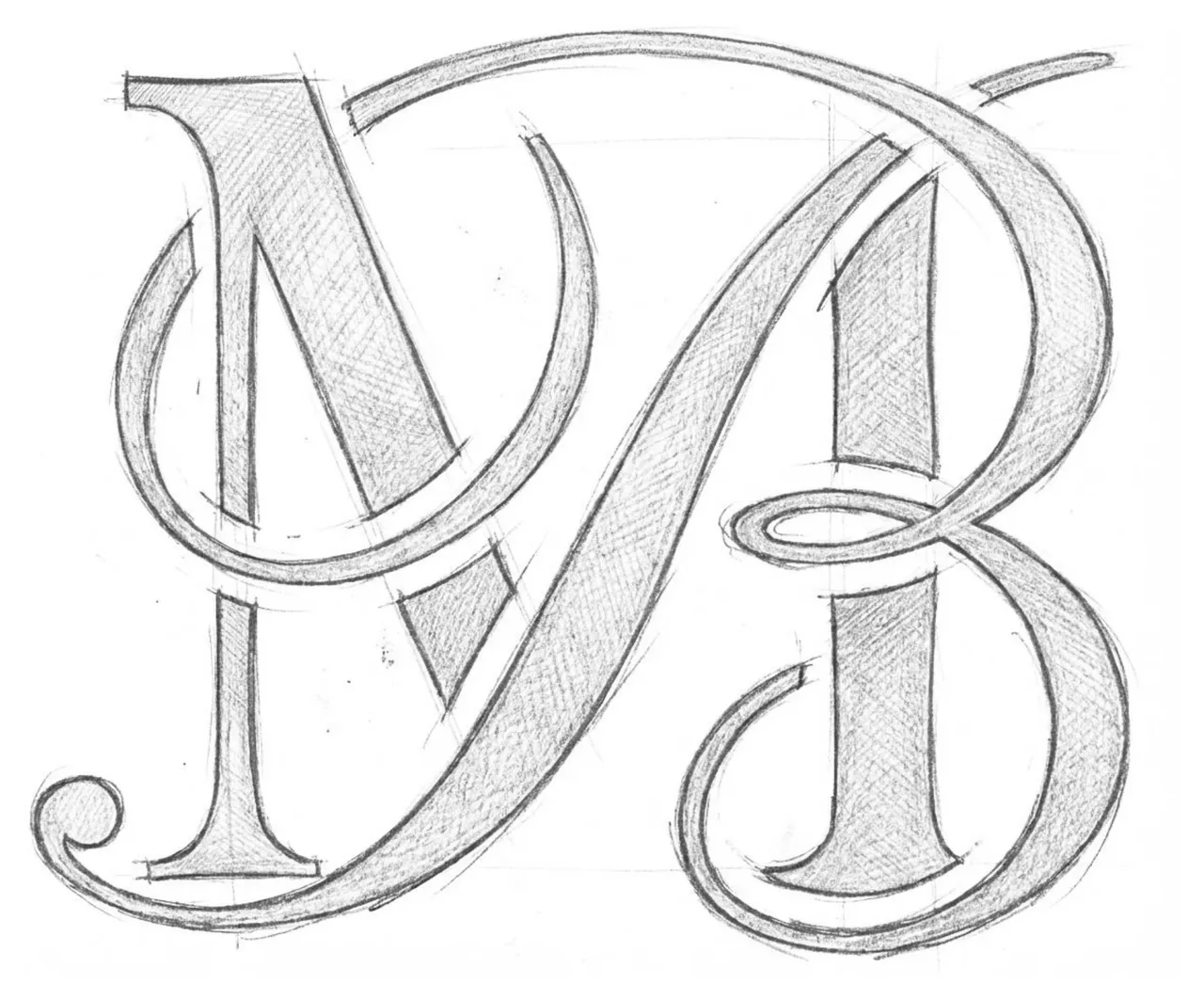 Croquis au crayon du monogramme MB de Manor Belgium, lettres entrelacées à empattements