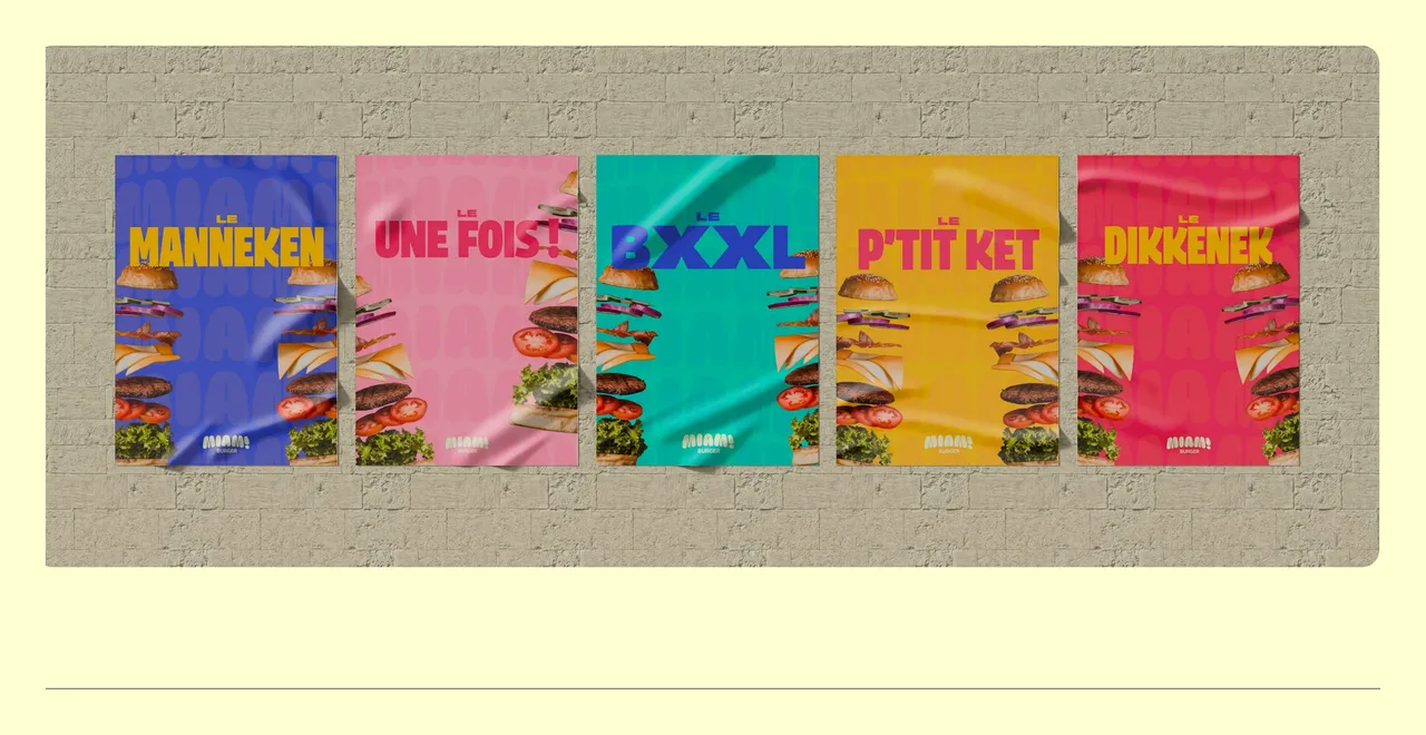 Cinq affiches Miam! Burger collées sur un mur, une par burger, du Manneken au Dikkenek
