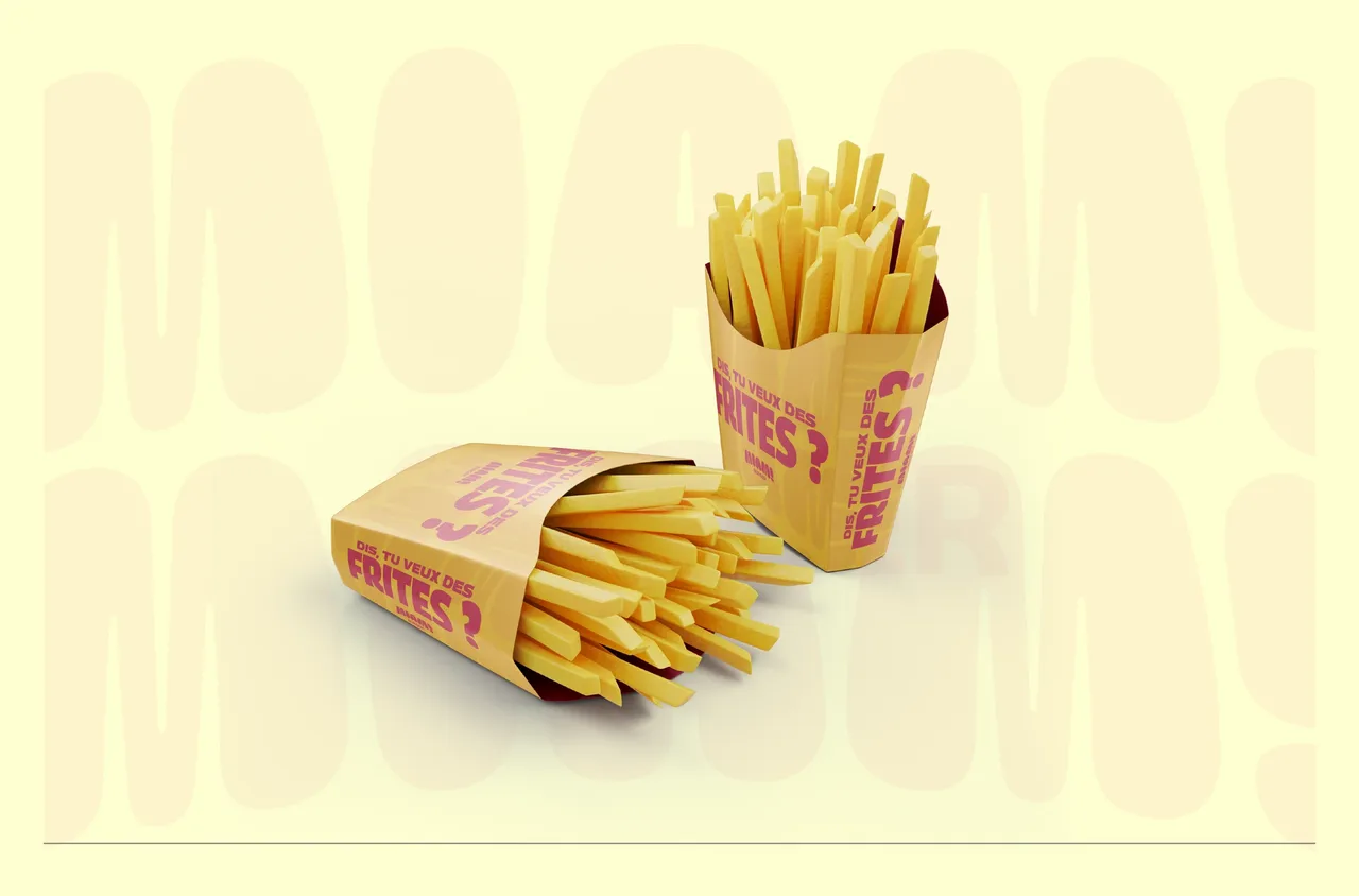 Deux cornets de frites Miam! Burger kraft, lettrage rose « Dis, tu veux des frites ? », sur fond jaune pâle