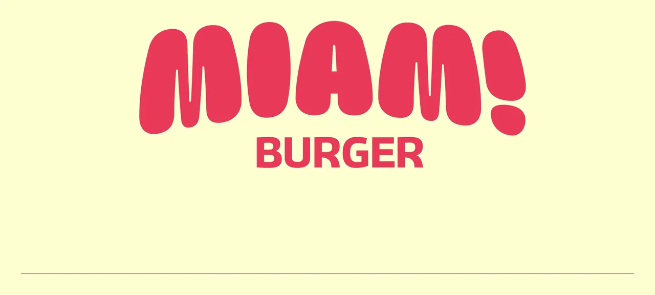 Logo Miam! Burger en lettres rondes rose framboise sur fond jaune pâle