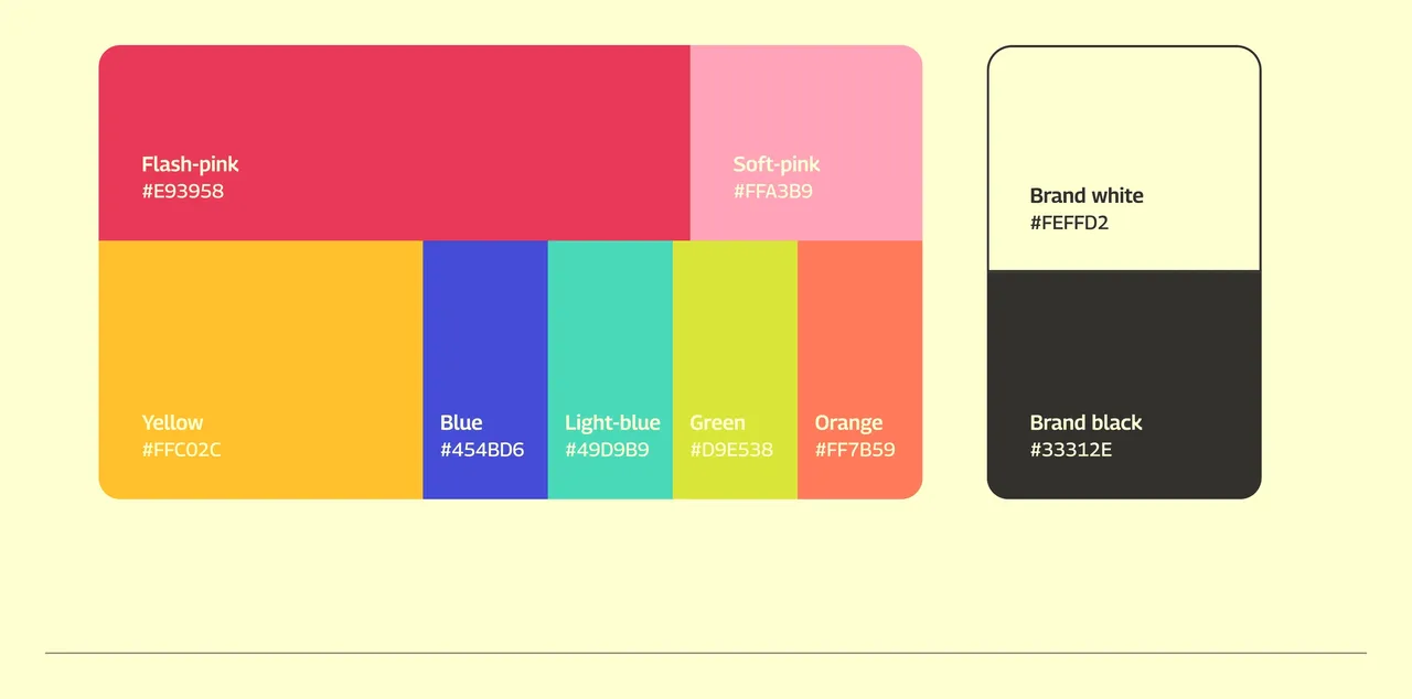Palette Miam! Burger : rose flash, rose tendre, jaune, bleu, bleu clair, vert et orange, plus un blanc et un noir de marque