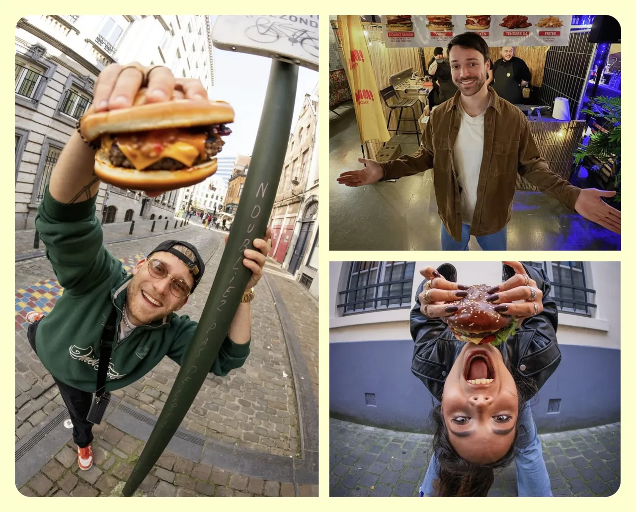 Trois photos au grand angle pour Miam! Burger : un burger brandi dans une rue pavée de Bruxelles, le comptoir, une cliente tête en bas
