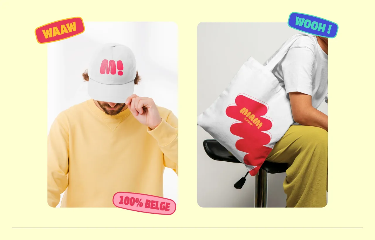 Casquette blanche au monogramme M! rose et tote bag au logo Miam! Burger, entourés d'étiquettes « Waaw », « Wooh ! » et « 100% belge »