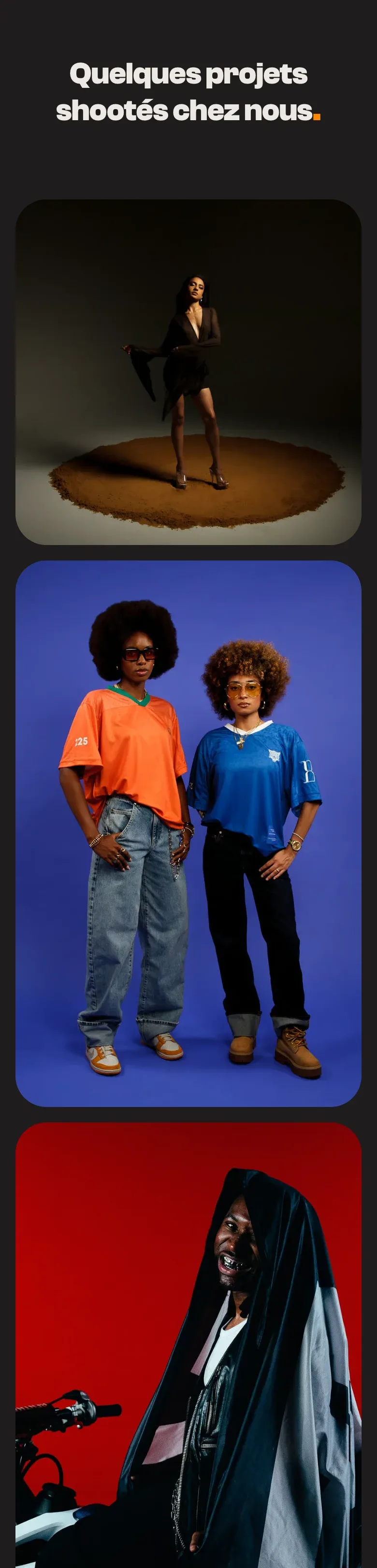 Site Parko Studio sur téléphone : section « Quelques projets shootés chez nous » avec trois photos de mode sur fonds colorés