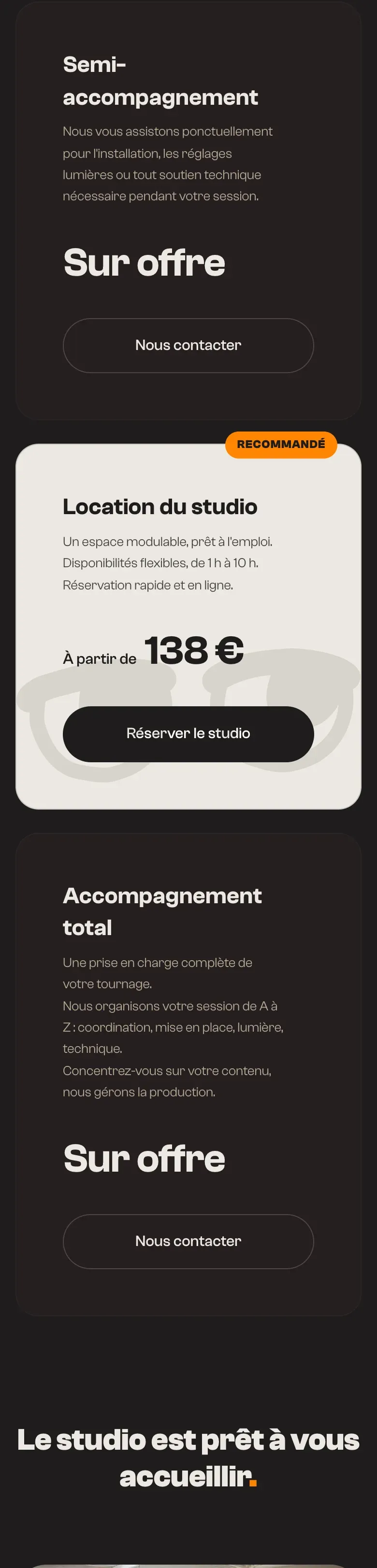 Tarifs du site Parko Studio sur téléphone : semi-accompagnement, location du studio dès 138 € et accompagnement total