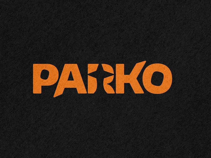 Logo Parko en orange sur fond noir texturé, une étoile découpée dans le R