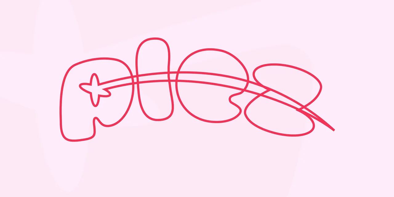 Construction du logotype Plez en contours rouges : lettres gonflées, étoile dans le P et trajectoire courbe qui les traverse