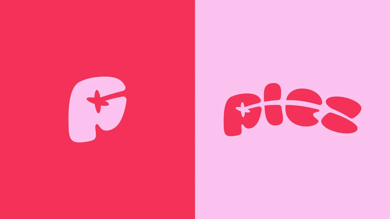 Monogramme P et logotype Plez en lettres gonflées, sur deux aplats rose vif et rose pâle