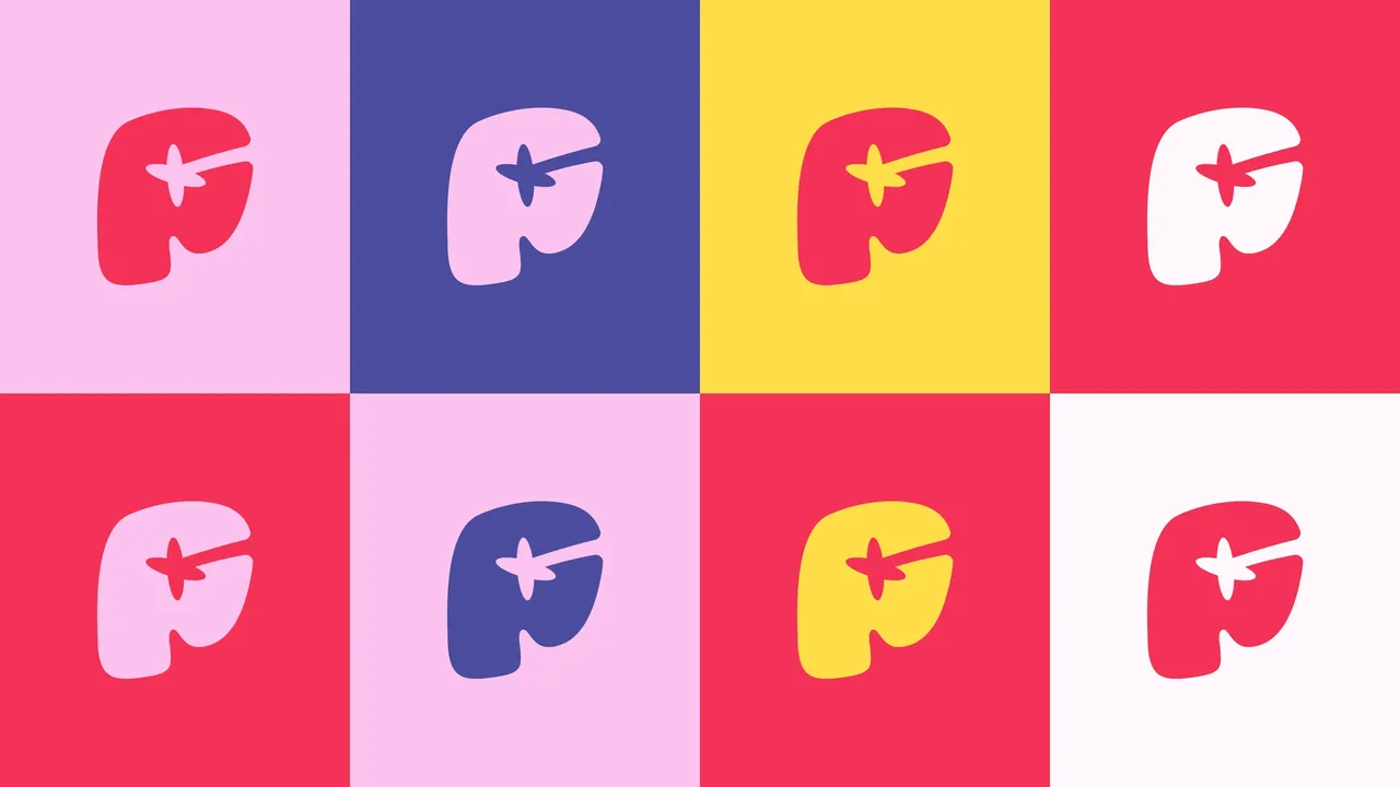 Monogramme P de Plez, étoile incrustée, décliné sur huit fonds : rose, bleu violet, jaune, rouge et blanc