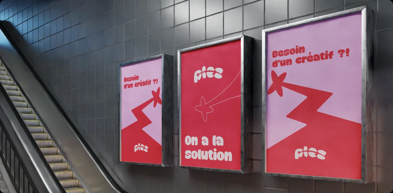 Trois affiches Plez dans un couloir de métro : « Besoin d'un créatif ?! » et « On a la solution », rouge et rose