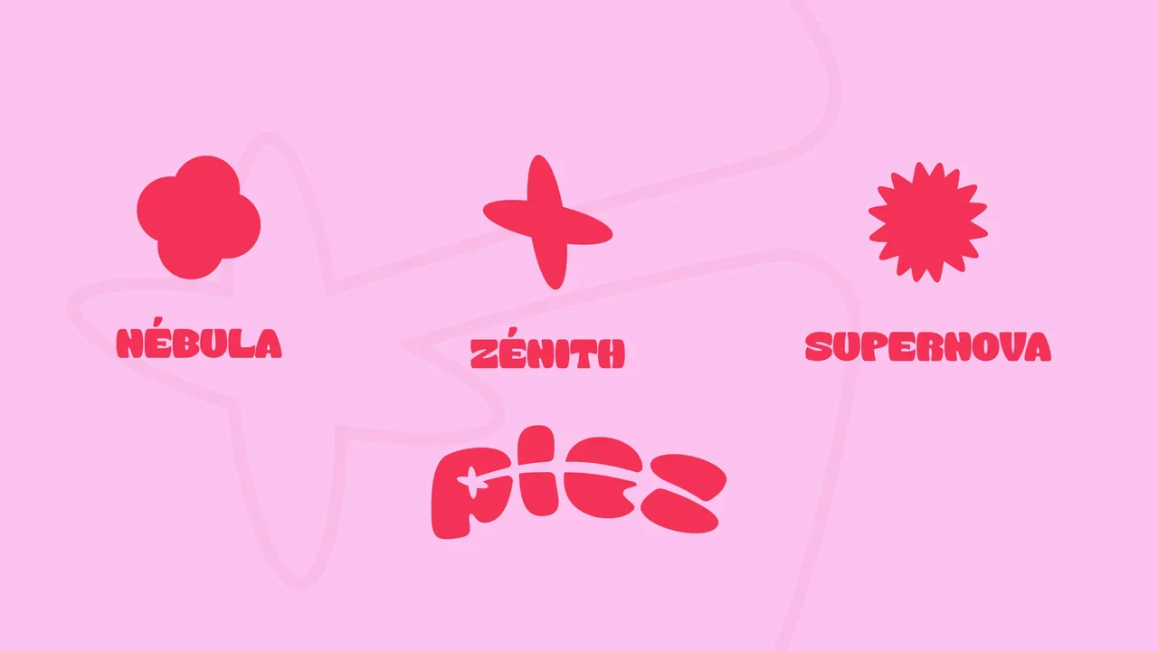 Trois pictogrammes Plez pour les phases d'un projet, Nébula, Zénith et Supernova, au-dessus du logotype, en rouge sur rose