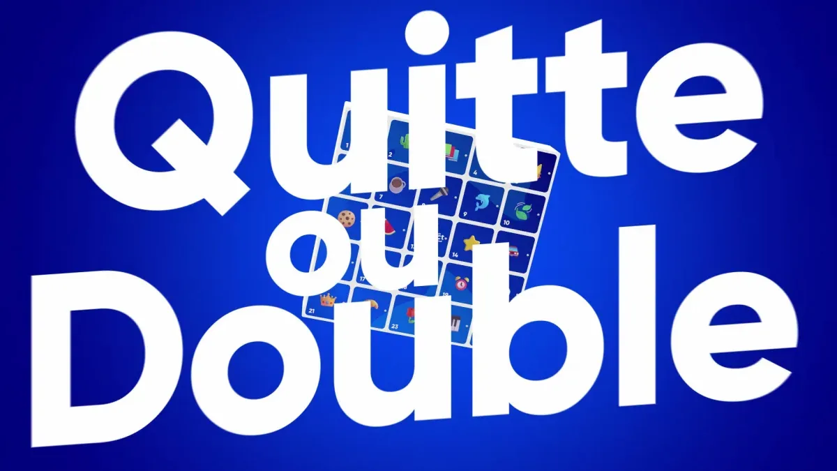 Titre « Quitte ou Double » en typographie animée devant l'étagère de jeu en 3D, spot Radio Contact