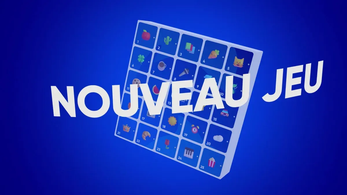 Étagère Kallax en 3D à 25 cases illustrées et titre « Nouveau jeu », spot Quitte ou Double de Radio Contact