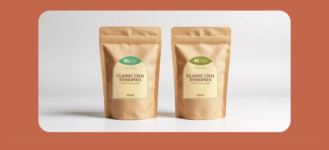Deux sachets kraft de Classic Chai éthiopien Artisanat de Saba, étiquettes en arche vert d'eau et vert olive