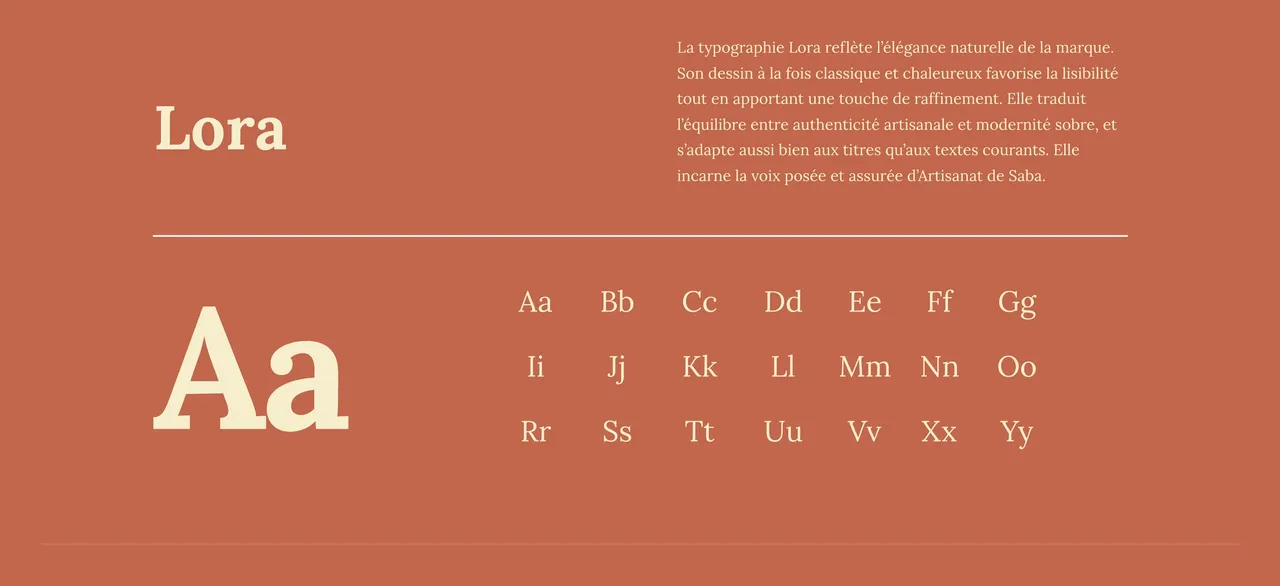 Page typographie du brandbook Artisanat de Saba : la Lora et son alphabet sur fond terre cuite
