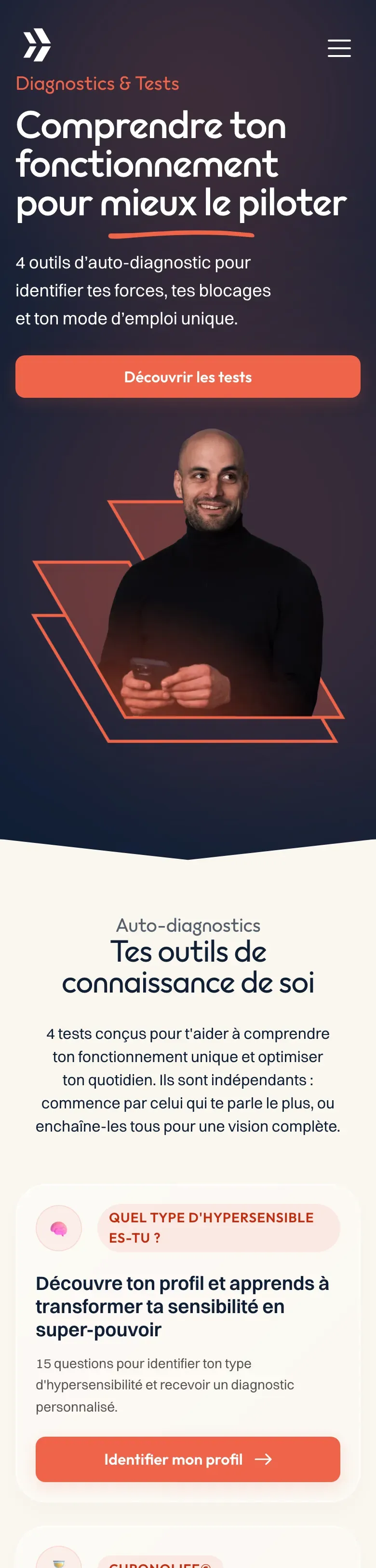 Page des tests sur téléphone : en-tête « Comprendre ton fonctionnement pour mieux le piloter », puis la première carte de test.
