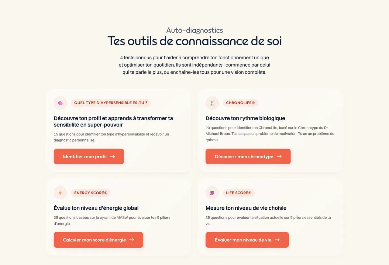 Page des tests « Tes outils de connaissance de soi » : quatre cartes d'auto-diagnostic, type d'hypersensibilité, ChronoLife, Energy Score et LIFE Score, chacune avec un bouton corail.