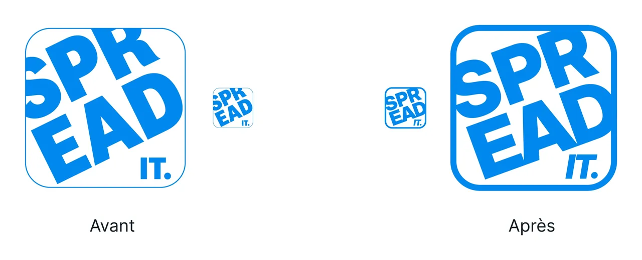 Logo Spread.it avant et après la refonte, en grand et en petit pour comparer la lisibilité