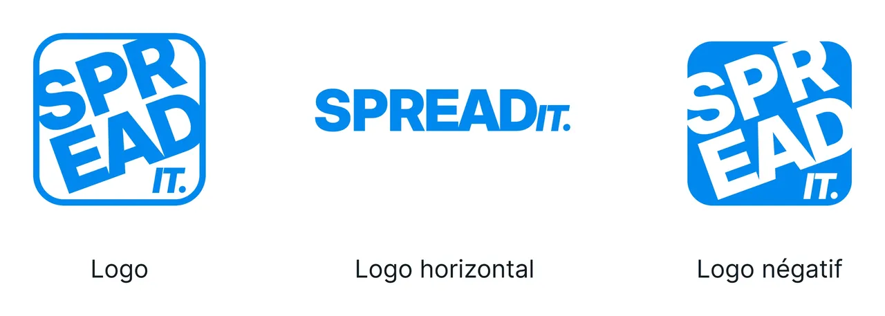 Trois versions du logo Spread.it redessiné : carré, horizontal et négatif, en bleu