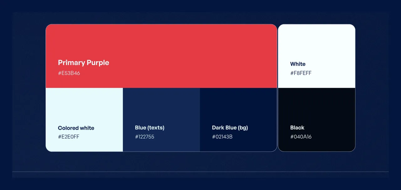 Palette Vertical View : rouge principal, blanc bleuté, bleu des textes, bleu nuit de fond, blanc et noir, avec leurs codes hexa
