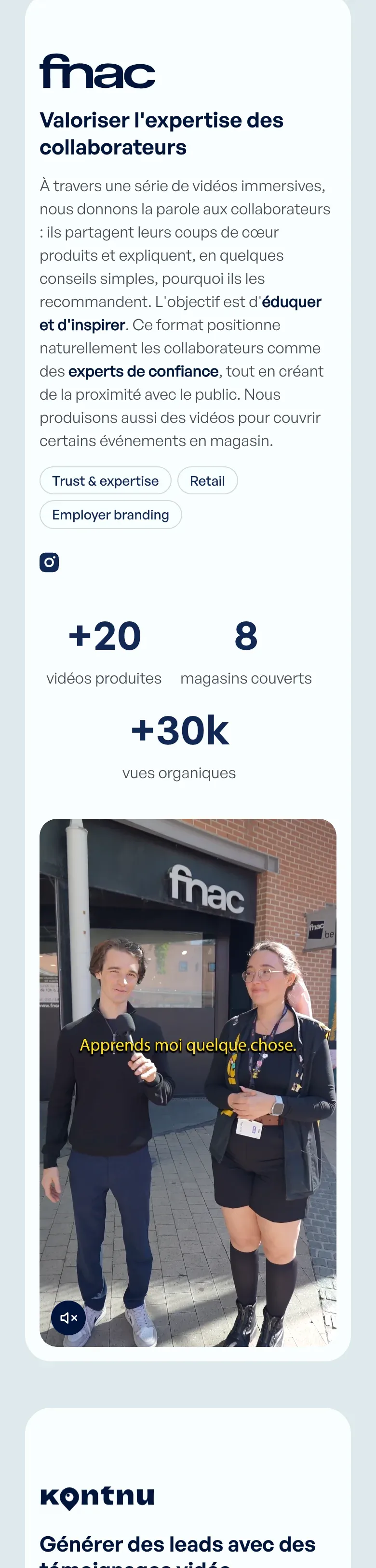 Étude de cas Fnac sur le site Vertical View, sur téléphone : texte, chiffres clés et micro-trottoir vertical devant un magasin