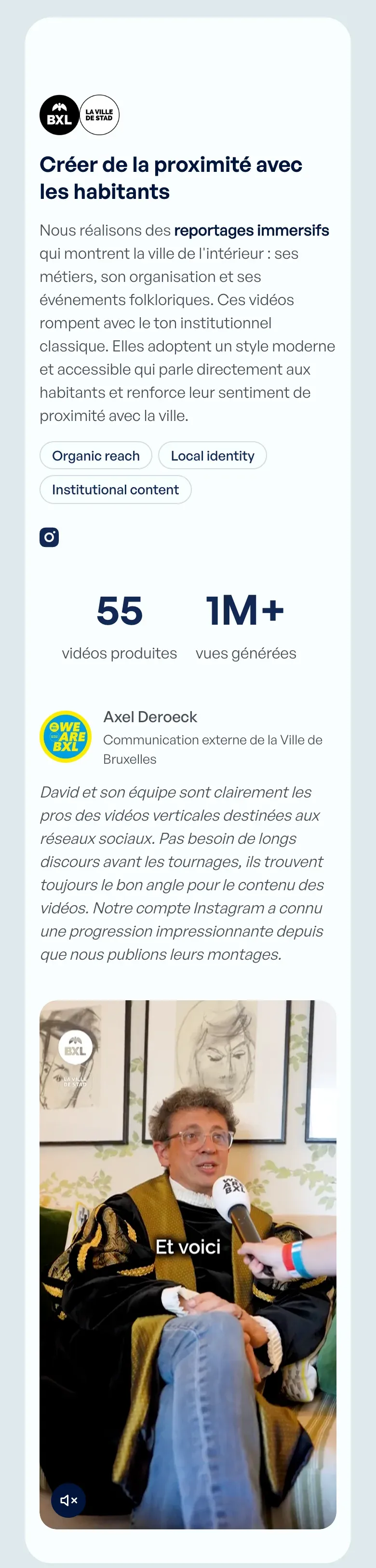 Étude de cas Ville de Bruxelles sur le site Vertical View, sur téléphone : 55 vidéos, plus d'un million de vues et un témoignage