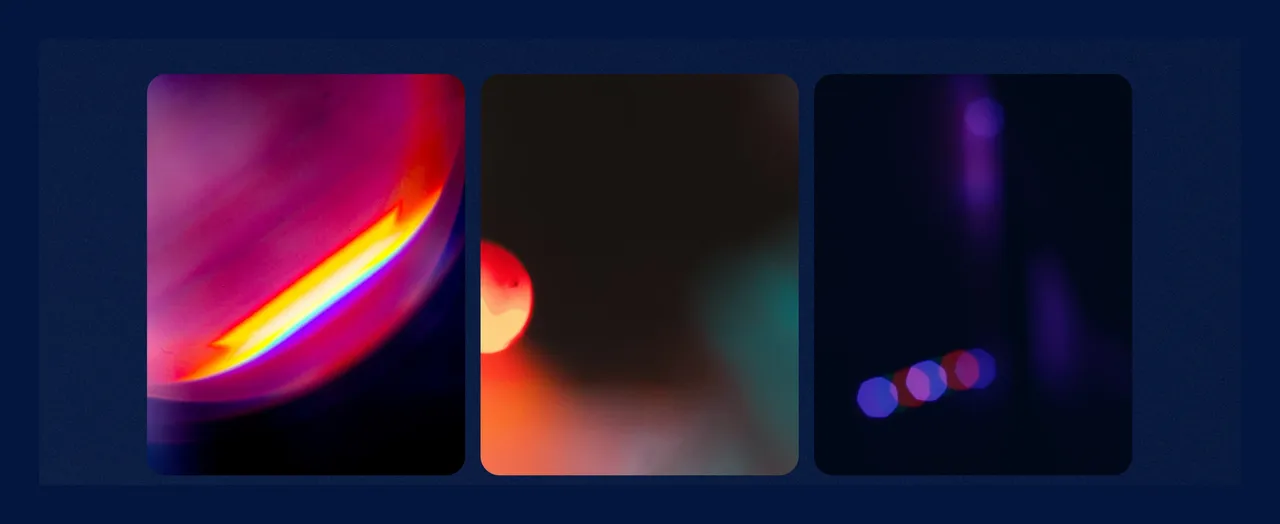 Trois photos d'ambiance Vertical View sur fond bleu nuit : reflets lumineux, halos flous et bokeh aux couleurs de la marque