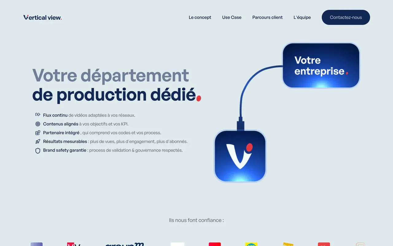 Page d'accueil du site Vertical View : « Votre département de production dédié » et l'icône en bouton