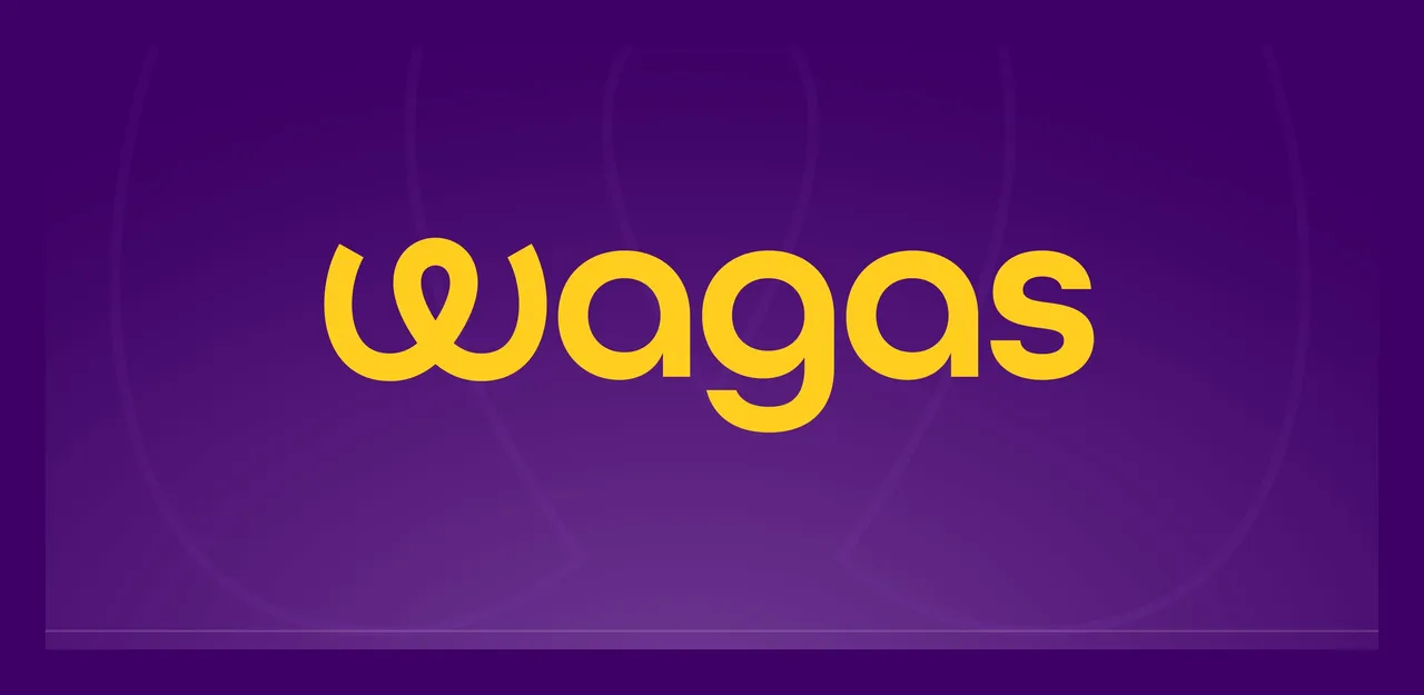 Logotype Wagas en jaune sur fond violet, le W dessiné d'un seul trait en boucle