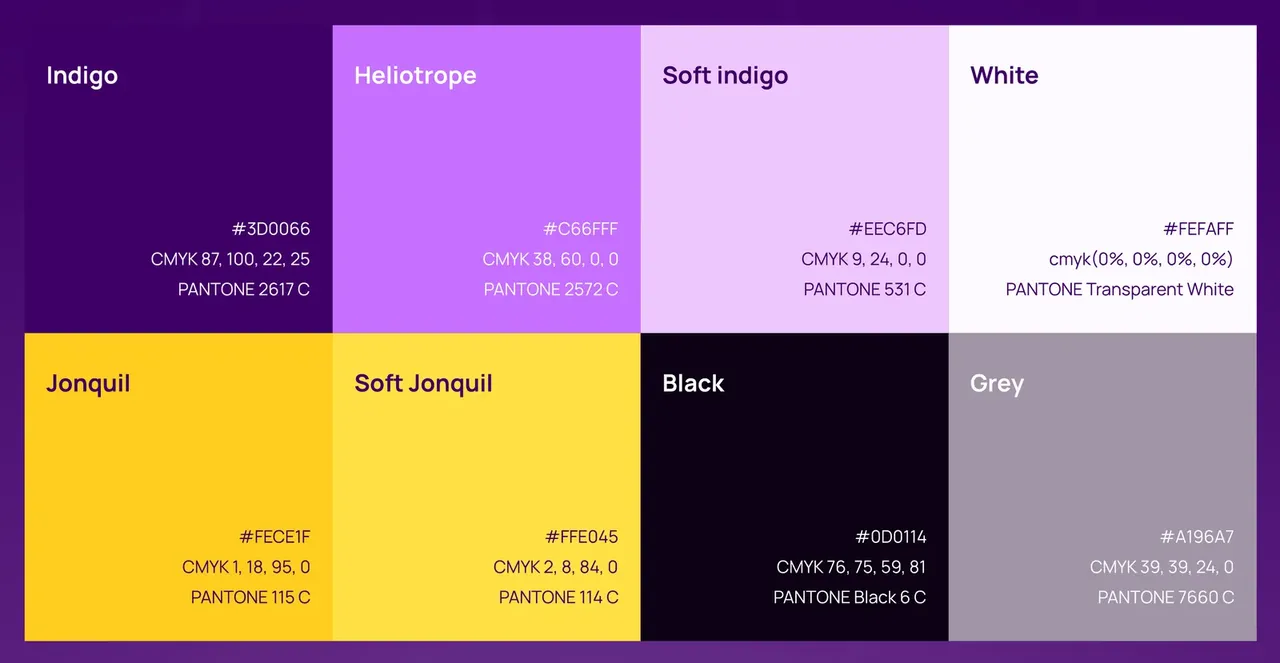 Palette Wagas : indigo, héliotrope, indigo doux, blanc, jonquille, jonquille doux, noir et gris, avec codes hexa, CMJN et Pantone
