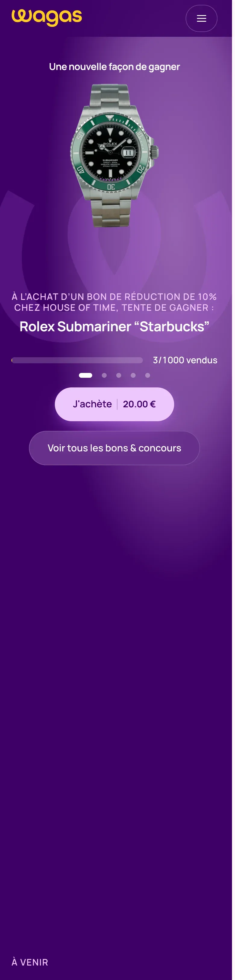 Accueil du site Wagas sur téléphone : montre à gagner, jauge des bons vendus et bouton d'achat à 20 €