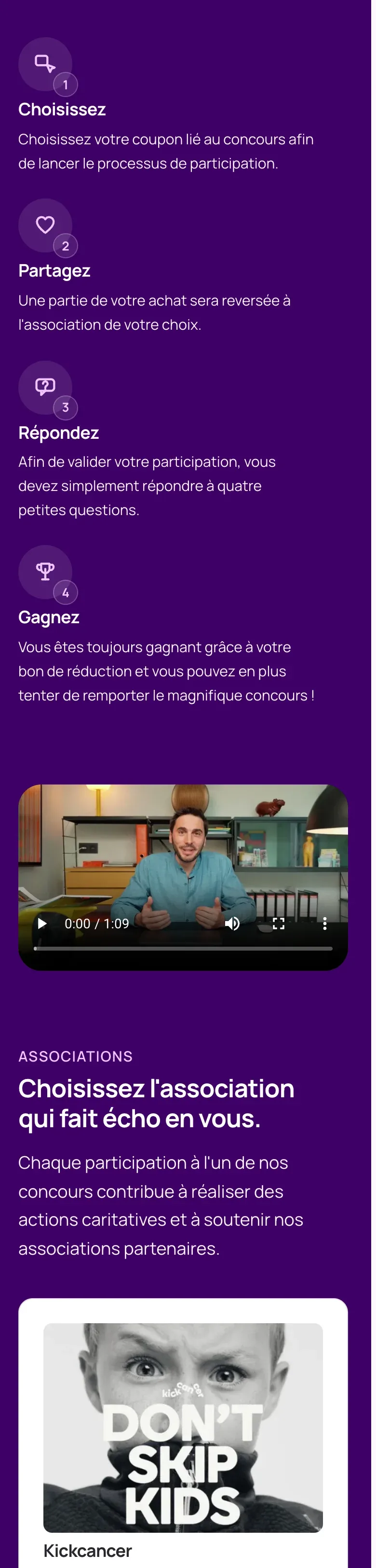 Site Wagas sur téléphone : les quatre étapes pour participer, une vidéo explicative, puis le choix d'une association
